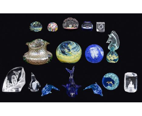 A Bohemian iridescent glass vase, c1905, 10cm h, several Mdina and other glass paperweights and miscellaneous Goebel, Royal D