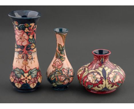 Three Moorcroft Oberon, Sweet Briar and Masquerade vases, 1993, 1997 and 2000, 10-20.5cm h, impressed and painted marks  Firs