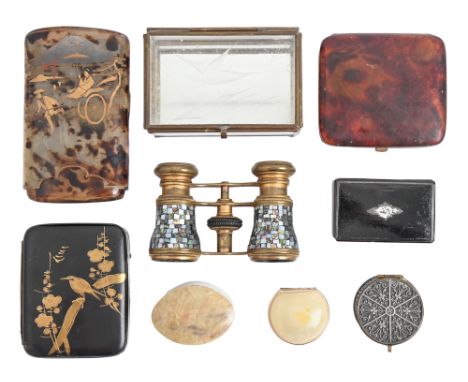A pair of French gilt brass and mother of pearl opera glasses, Kendal &amp; Dent, London, dated 1889 and miscellaneous other 