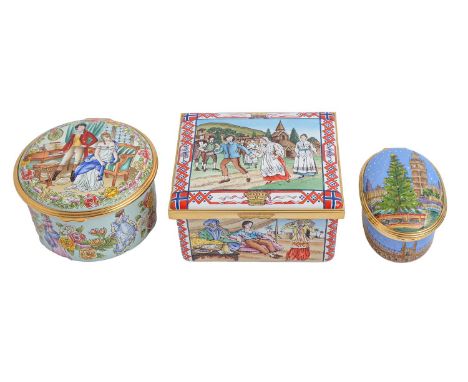 Halcyon Days. One enamel and two smaller porcelain musical boxes, late 20th / early 21st c,&nbsp; each with clockwork movemen