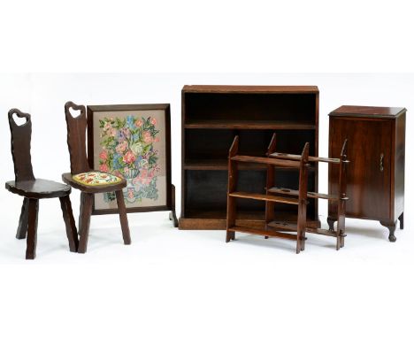 An oak open bookcase,&nbsp;a fire screen, lamps, shelves, etc  