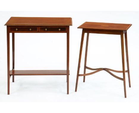 An Edwardian mahogany and line inlaid side table,&nbsp;&nbsp; fitted two drawers, 74cm h and a similar contemporary occasiona