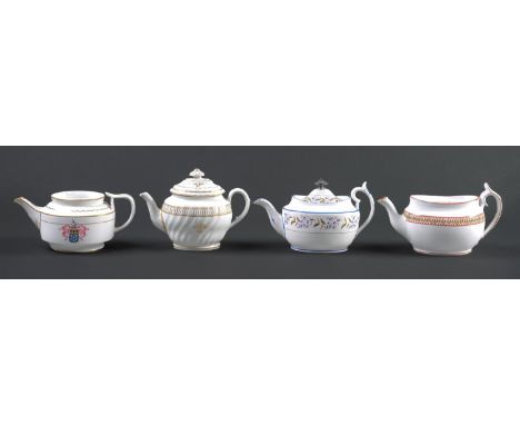 A Spode bone china armorial teapot, c1820, 12cm h and three earlier English old oval or shanked teapots and two covers (6)  S