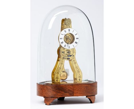A&nbsp; French brass skeleton timepiece, c1870,&nbsp; with enamel chapter ring and engraved frame and silk suspension pendulu