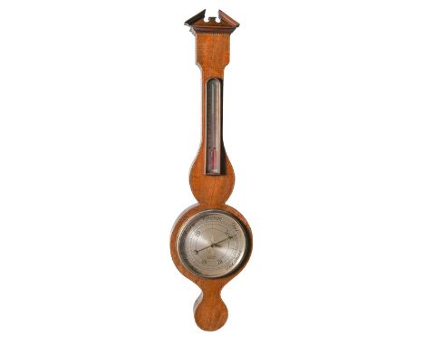 A mahogany and broken line inlaid aneroid barometer, J Perry Nottingham, second quarter 20th c, with alcohol thermometer, 96c