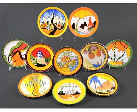 Clarice Cliff. Nine Wedgwood bone china and one earthenware "Bizarre" wall plates, 1990's, various patterns, 20cm diam, print