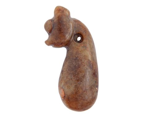 An archaistic style Chinese jade pebble carving or amulet, of bean shape with head terminal, 65mm h  Good condition