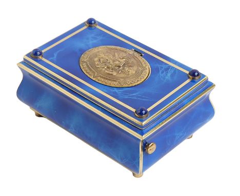 A Continental giltmetal and blue enamel bombe singing bird box, late 20th c, with clockwork movement and studded with blue gl