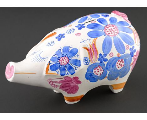 An Arthur Wood earthenware piggy bank of the largest size, c1960, 20cm h, printed mark  Enamel on one of the blue flowers sli