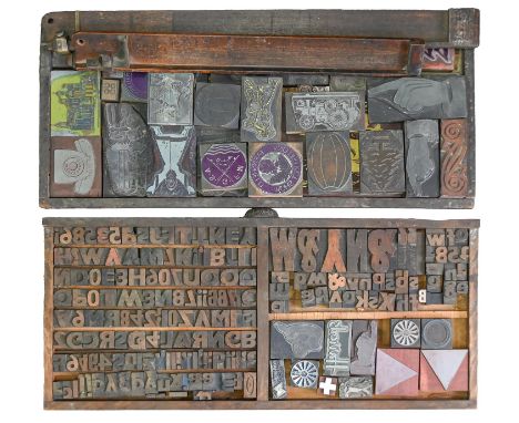 British Letterpress Printing.&nbsp; A case of wood type, (woodletter) and numeral blocks, first half 20th c, including poster