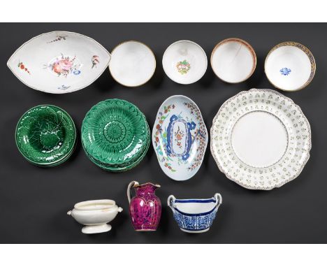 Miscellaneous English pottery and porcelain, late 18th - mid 19th c, to include an osier moulded dessert basket painted with 