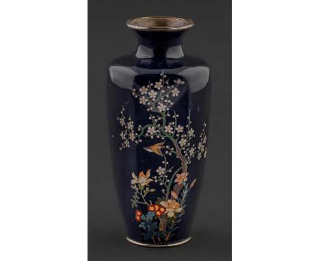 A Japanese cloisonne enamel vase, Meiji period, of hexagonal form, decorated with a bird and blossoming tree in silver cloiso