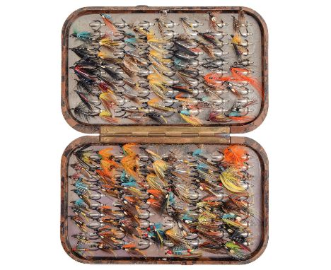 Fly fishing. A vintage Hardy Neroda pocket fly box, containing an assortment of flies, 16 x 10cm  Good condition with only mi