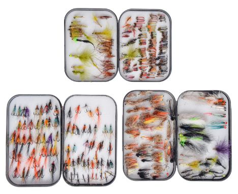 Fly fishing. A pair of Wheatley pocket fly boxes and another smaller, containing an assortment of flies, 15 x 9cm (3)  Some s