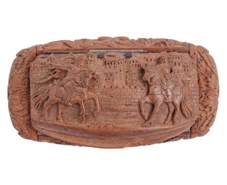 Treen. A coquilla nut snuff box, 19th c,&nbsp;&nbsp;the lid carved with the mounted figures of Napoleon and an officer before