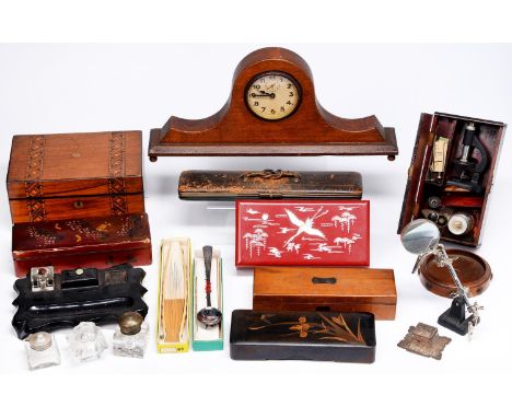 A Victorian walnut box with coloured straw work bands,&nbsp; several 19th c glass and other inkwells, papier mache inkstand, 