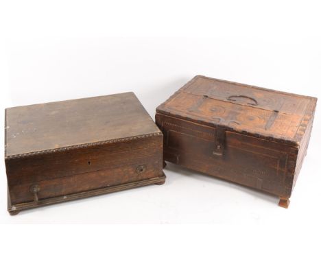 An Indian wrought-metal bound hardwood trunk box, and a Vintage oak cutlery box (2) 