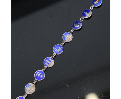 VISCANDIA SCHOMACKER - a Vintage Danish novelty sterling silver and blue enamel charm bracelet, bracelet length 18cm, 11.8gOn
