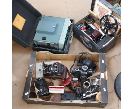 Various Vintage cameras, Pathescope 9.5mm projector with various films, including Mickey Mouse (boxful) 