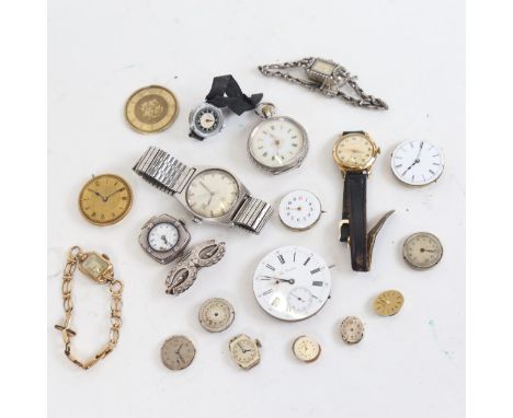 A box of mixed watches to included a silver and blue enamel pendant watch, an engraved Continental silver fob watch, various 