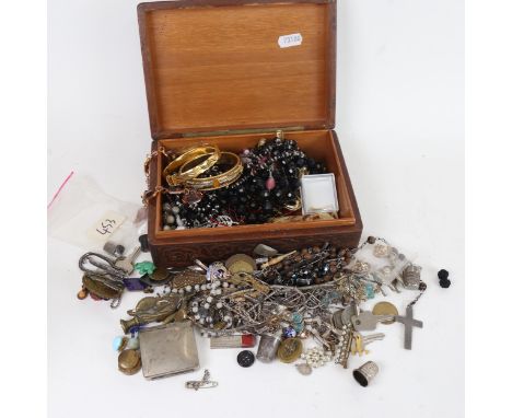 A group of costume jewellery, to include a 9ct gold chain, silver and other costume jewellery, thimbles, enamel badges etc 