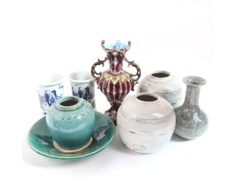 Oriental ceramic ginger jars, pair of blue and white brush washers, crackle glaze vase and a majolica vase etc (boxful)