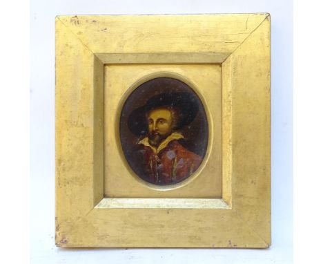 Oil on metal, head and shoulders portrait of a gentleman, unsigned, framed, overall 19.5cm x 18cm 