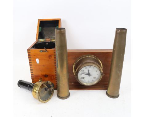 NAVAL INTEREST - an Air Ministry brass-mounted compass type 06.A, pine-cased, 2 brass shell cases, and a brass bulkhead clock
