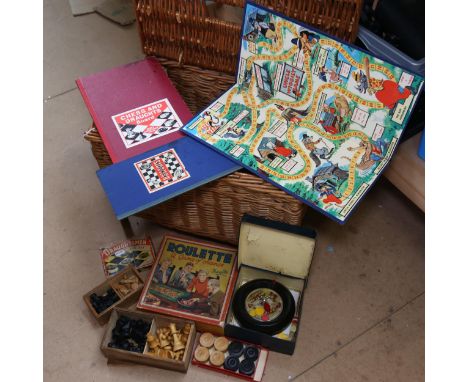 Wicker basket, containing 2 boxwood and ebonised chess sets, Vintage games etc 