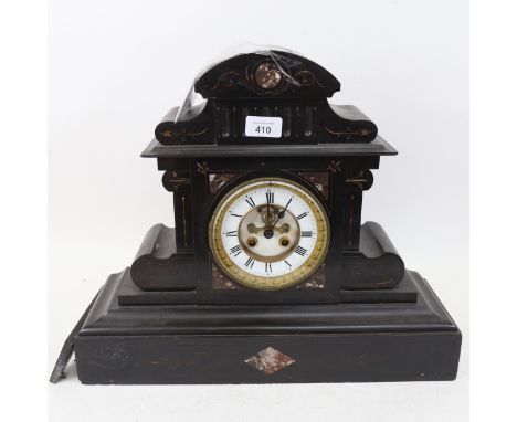 A large Antique slate-cased architectural 8-day mantel clock, with veined marble inserts and movement striking on a bell, hei