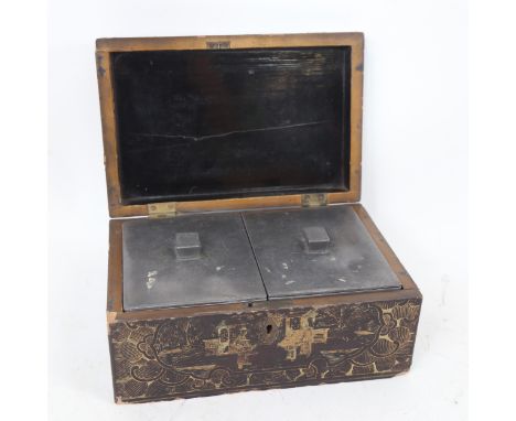 A 19th century Chinese chinoiserie gilded black lacquer tea caddy, with pewter liner and lids, W22cm, H10cm, D15cmGilding ver