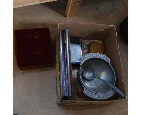 Norwegian pewter bowl and ladle, a foot warmer, puzzle box etc 