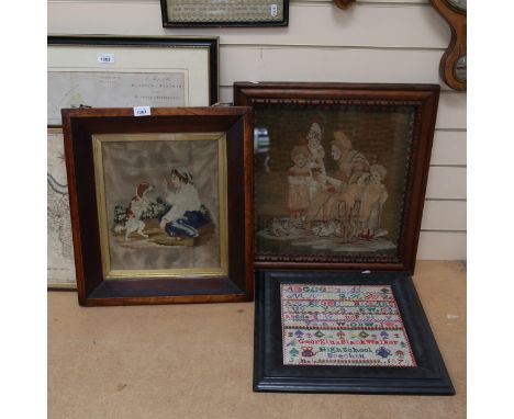 A framed alphabet sampler, height 42cm overall, a framed sampler depicting a Victorian school room, a cross-stitch panel, gir