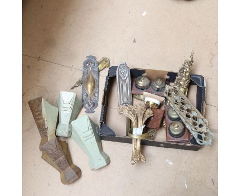 Brass light switches, bath feet, gilt-metal furniture mounts etc 