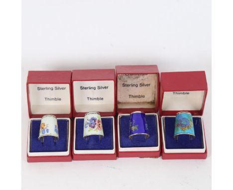 4 sterling silver and coloured enamel thimbles, in original boxes 