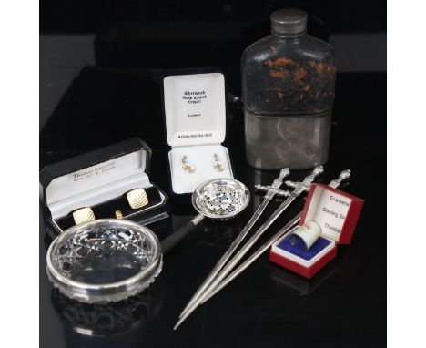 A silver tea strainer with ebony handle, 3 French silver plated sword meat skewers, a silver and enamel thimble etc (boxful) 