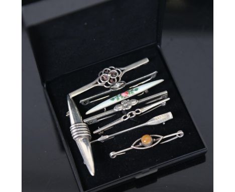 8 various silver brooches, including amber and enamel examples 