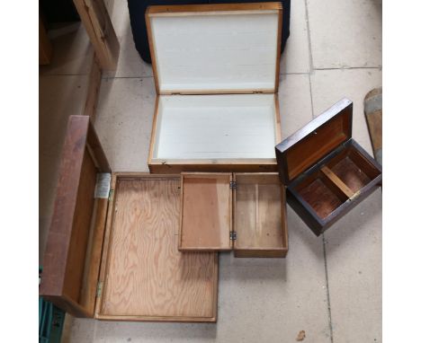 2 pine boxes, a mahogany box, and a tea caddy, length 23cm 