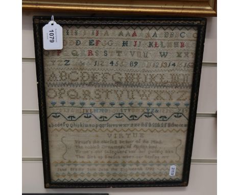 18th century embroidered sampler, by Jane Bradly, dated 1792, in original frame, height 33cm overall 