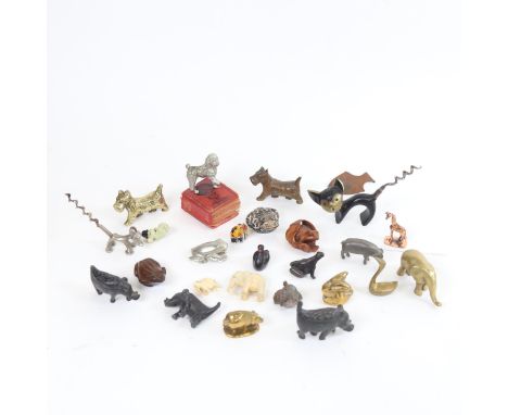 Various figural animal collectables, including frog and lily pad netsuke, signed frog netsuke, brass Terriers etc (boxful) 