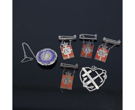 4 Georg Jensen silver and red enamel pendants, a silver maritime pendant, and a silver and blue enamel nursing fob 