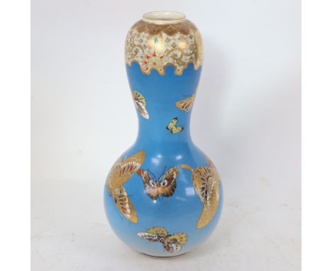 A Japanese hand painted and gilded ceramic Satsuma garlic-neck butterfly vase, height 24cmNo chips cracks or restoration, onl