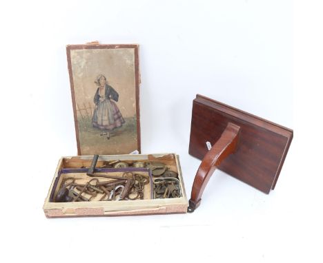 A quantity of Antique clock keys, pendulums, mahogany clock bracket etc 