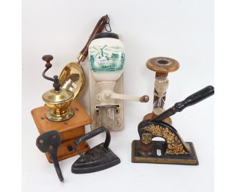 Various collectables, including coffee grinder, coal shovel, blind stamp press etc 