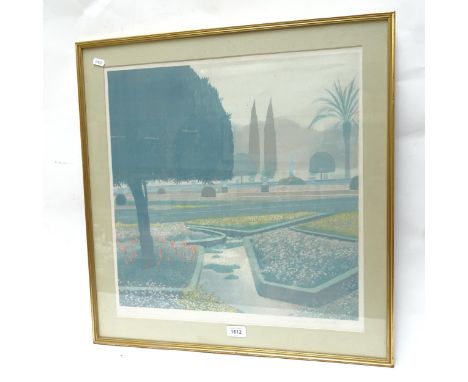 A limited edition coloured lithograph, a park view, 92/250, framed, 60cm x 62cm 