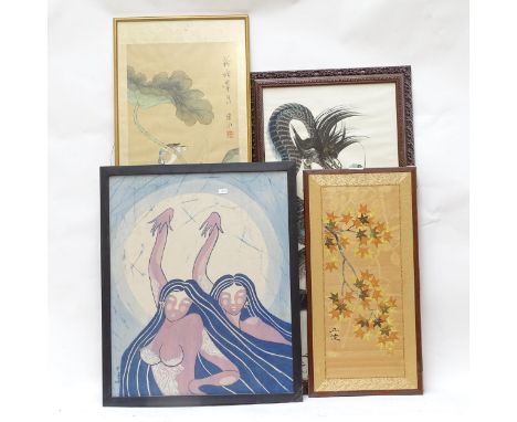 Various pictures and prints, including Chinese watercolour scroll panel of a kingfisher, signed (4) 