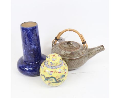 A Japanese Studio pottery teapot, a Chinese yellow ground dragon ginger jar, and a Royal Doulton blue glaze vase, model 6333,