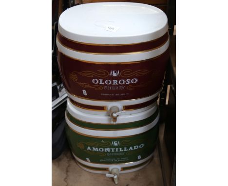 2 Sherry bar-top ceramic barrels, including Oloroso and Amontillado, height 35cm 