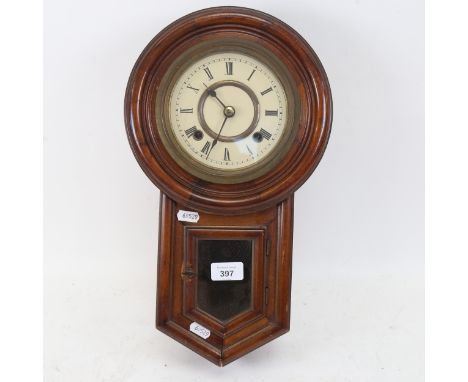 A mahogany-cased drop-dial 8-day wall clock, with key and pendulum, height 42cm 