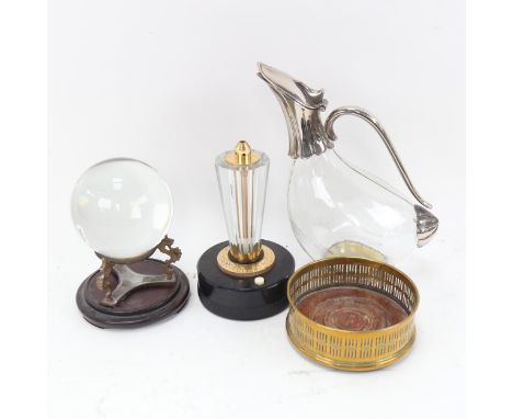 Crystal ball on stand, Art Deco Maruman electric table gas lighter, brass wine coaster etc 